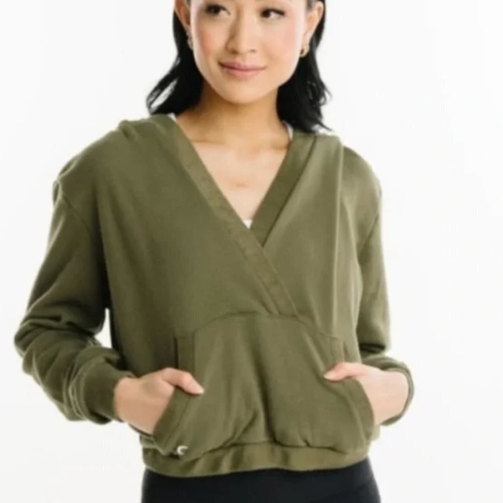 Zyia Active Deep V-Neck Green Cotton Hoodie